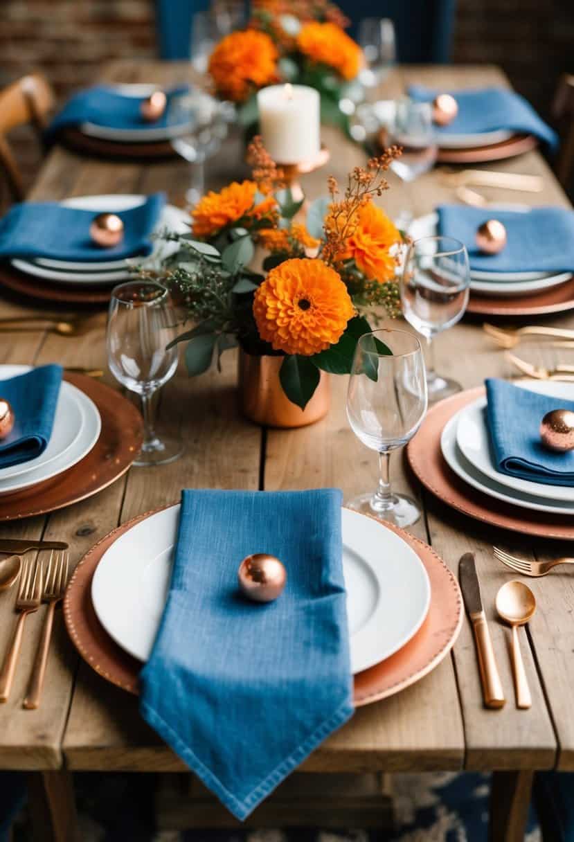 A rustic table setting with denim blue linens, orange floral centerpieces, and copper accents