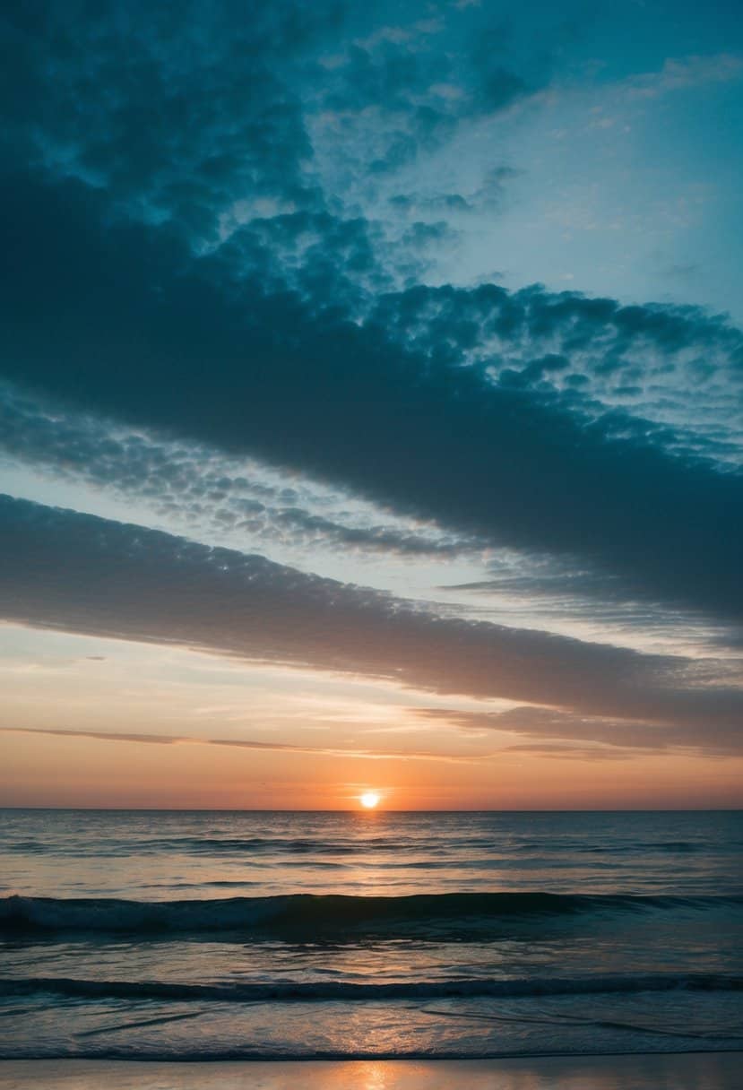 A serene beach at sunset, with the sky painted in shades of steel blue and copper blue, the ocean reflecting the colors in gentle waves