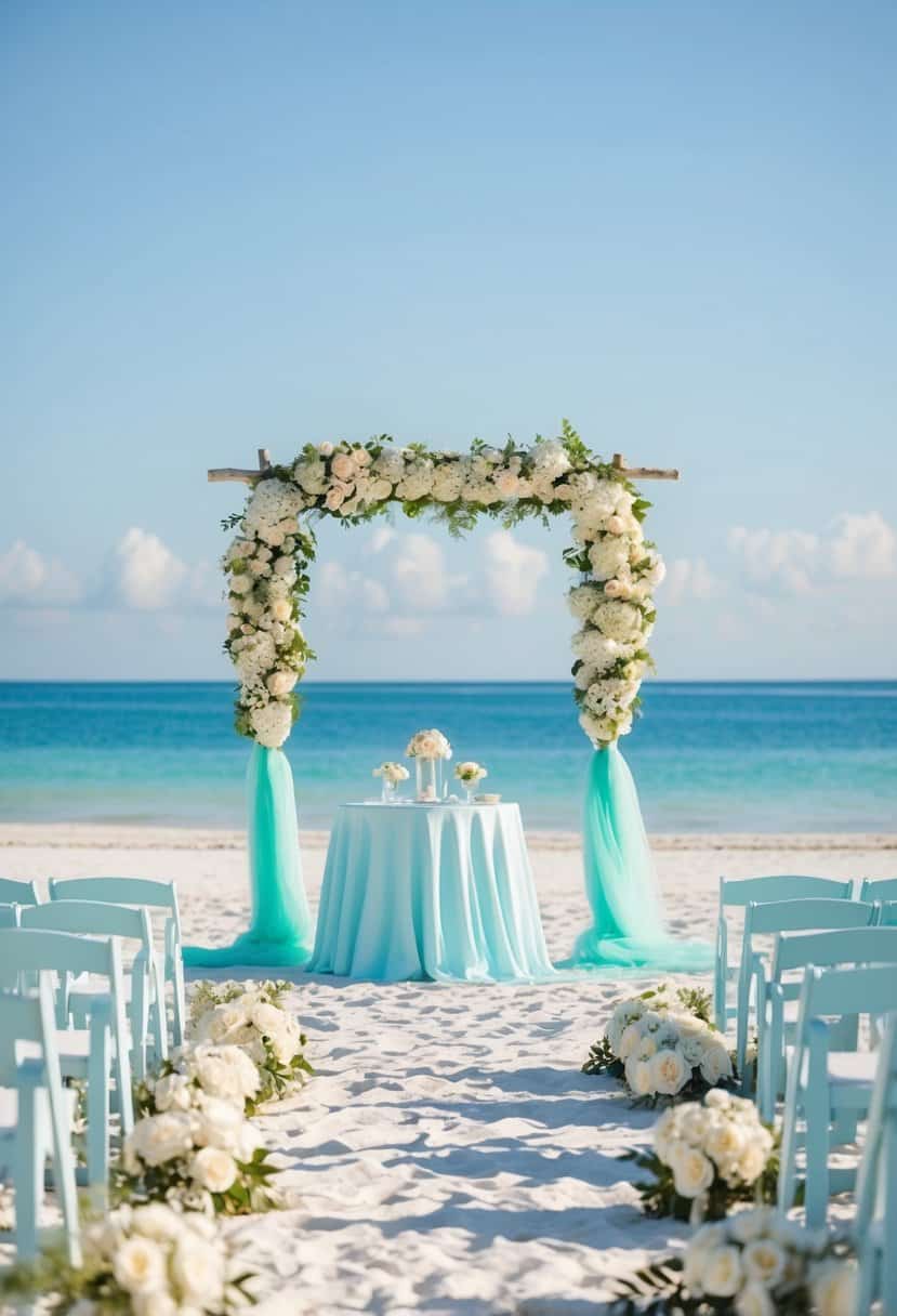 A serene beach wedding with soft blue decor and mint green accents. White sand, clear water, and a gentle breeze create a peaceful atmosphere