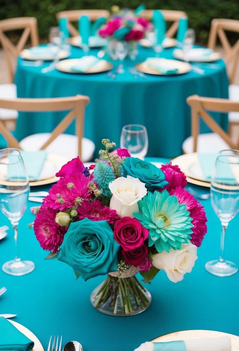 A teal and magenta blue wedding color palette with vibrant flowers and elegant table settings
