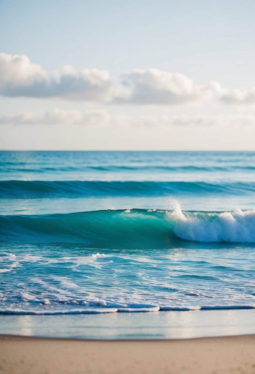 A serene beach with ocean blue waves gently washing onto soft sand, creating a tranquil color palette for a wedding