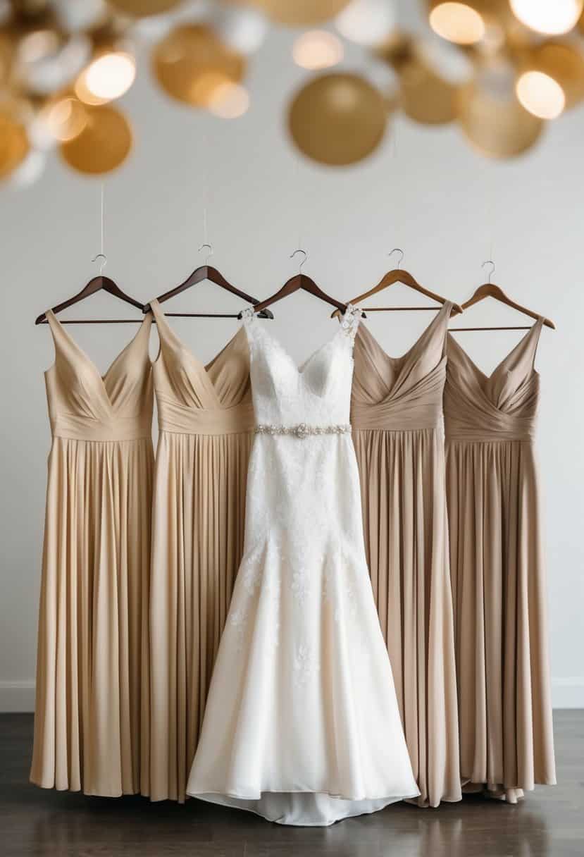 Beige and champagne bridesmaid dresses arranged in a wedding color palette