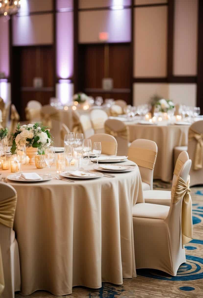 Beige table linens with champagne accents, set for a wedding reception