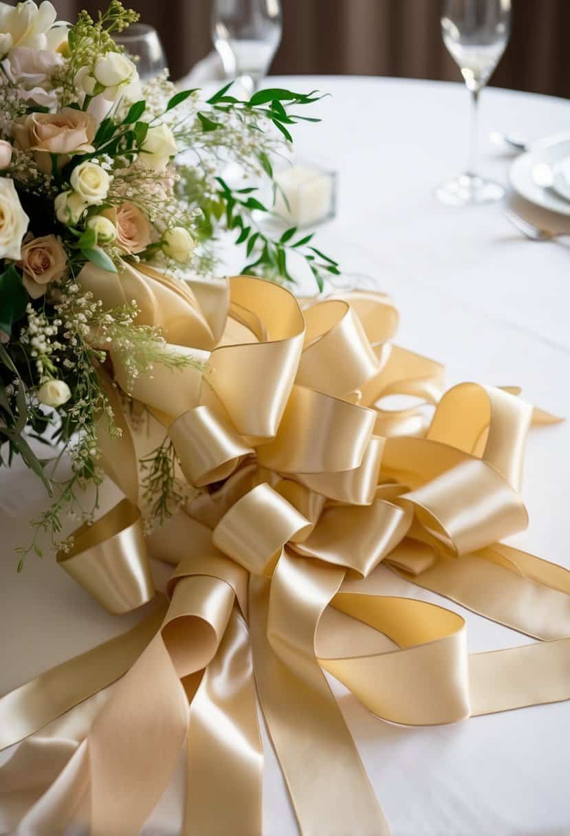 Beige and champagne satin ribbons cascading from a bouquet, intertwined with delicate flowers and draped over a table