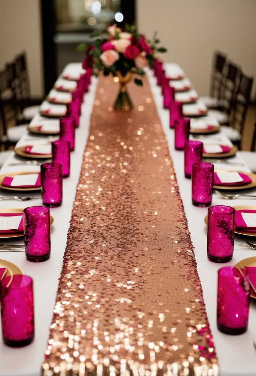A long table adorned with a shimmering rose gold sequin runner, surrounded by fuchsia and rose gold wedding decor