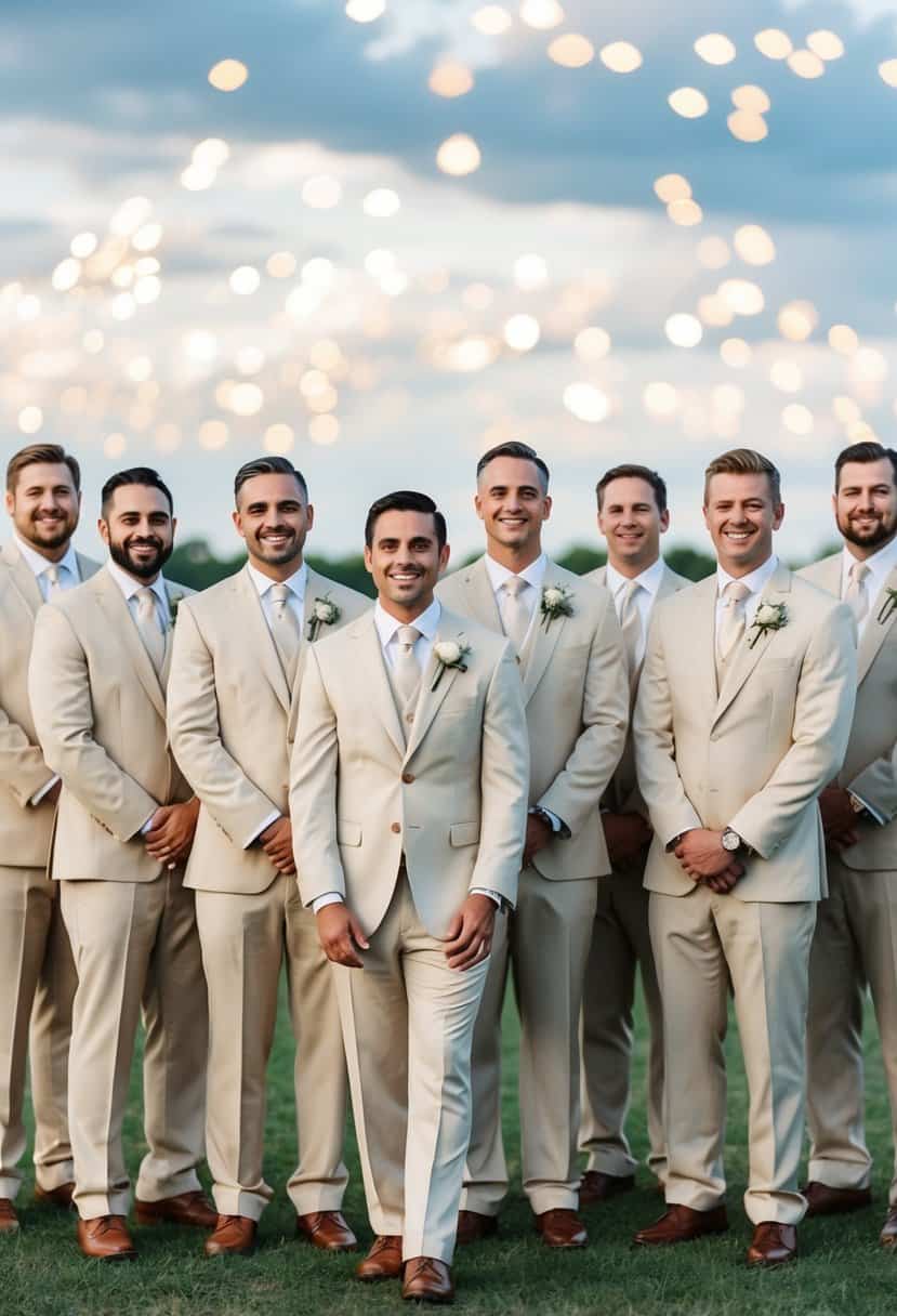 A group of beige men's suits arranged with champagne-colored accessories for a wedding