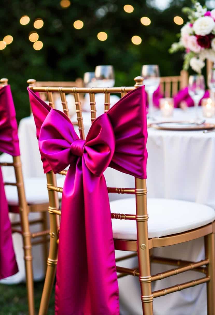 Fuchsia satin chair sashes tied in elegant bows on rose gold chairs for a wedding reception