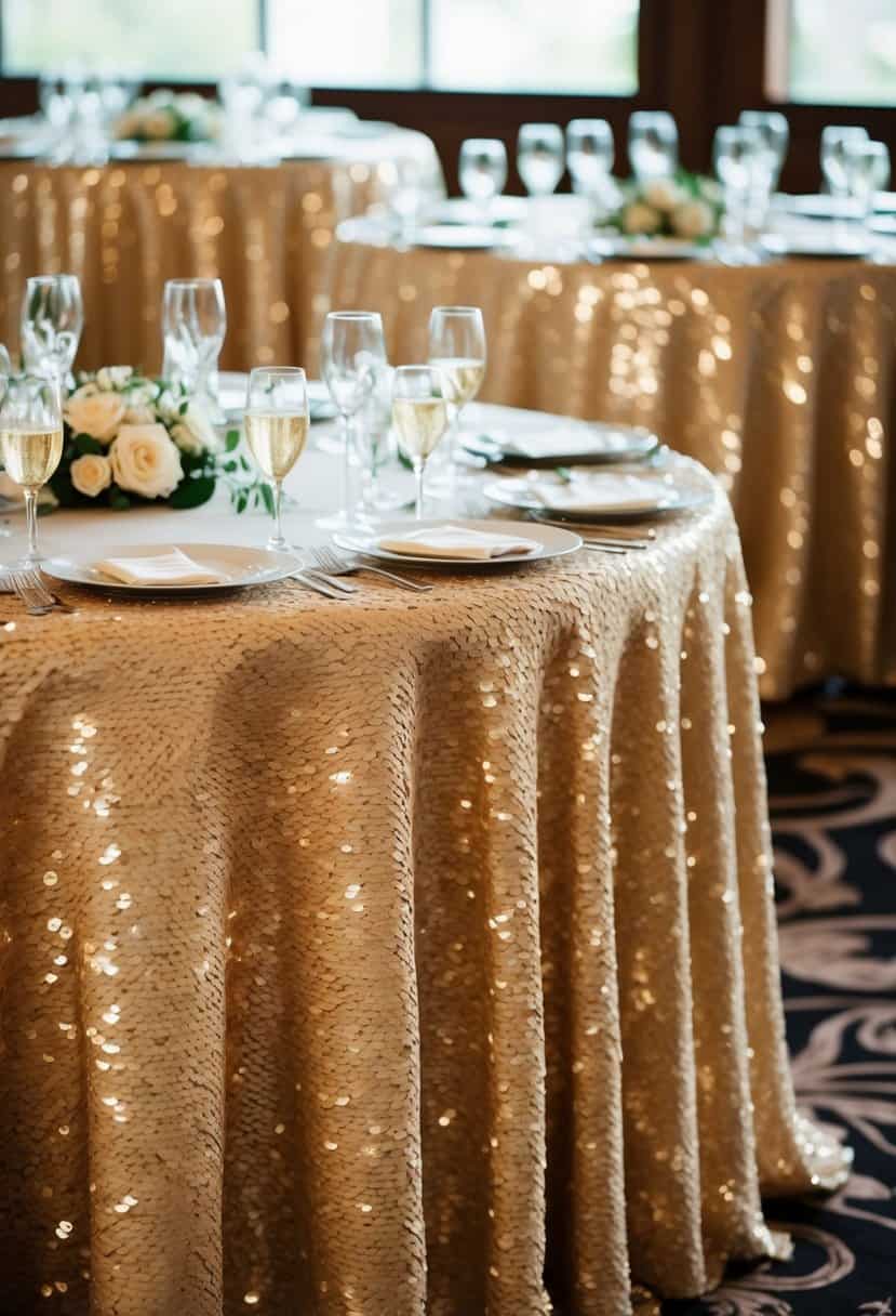 Beige and champagne sequin tablecloths draped over elegant wedding tables