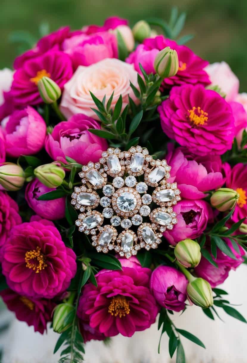 A sparkling rose gold bridal brooch bouquet surrounded by vibrant fuchsia flowers, creating a stunning wedding color palette