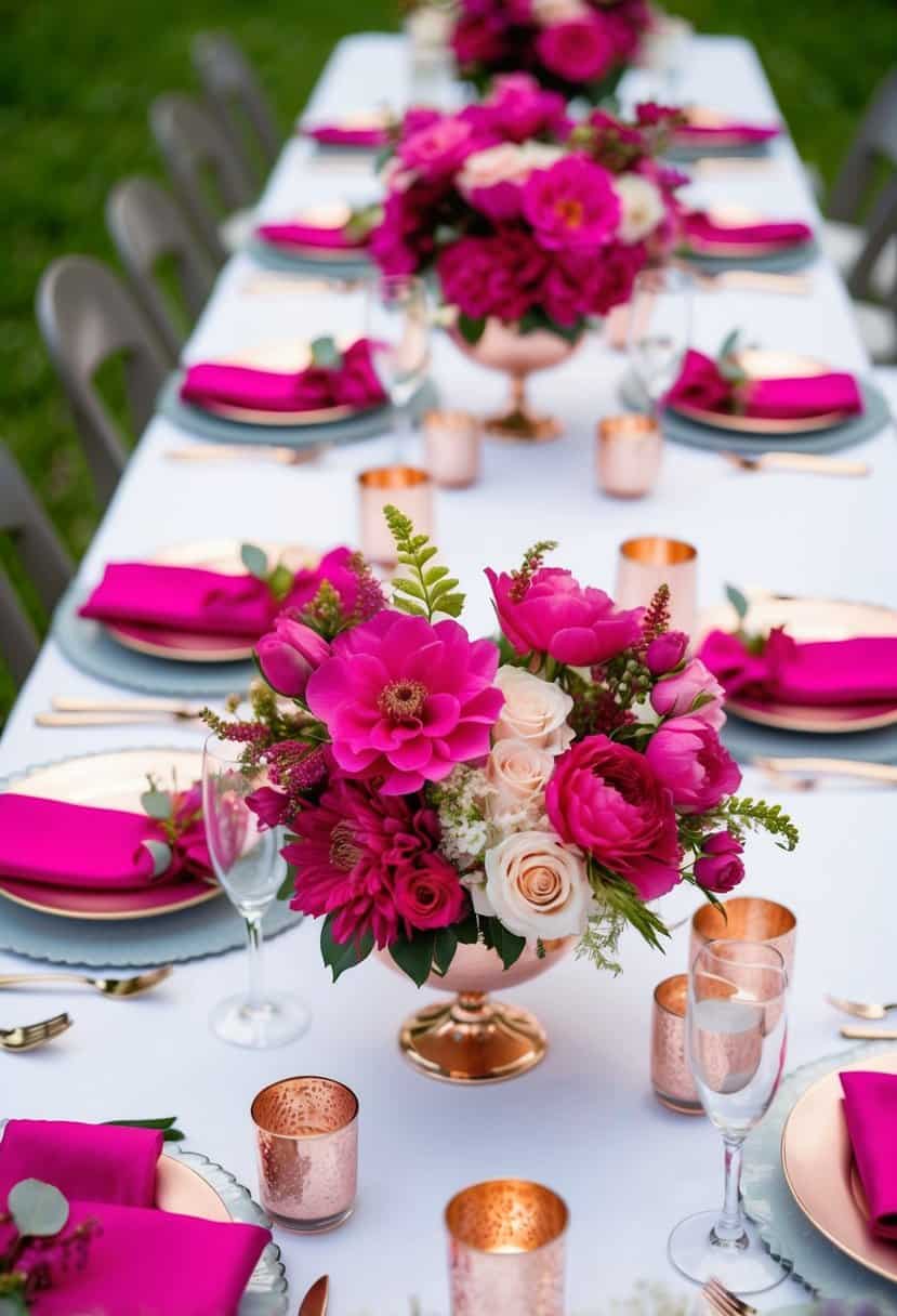 A table adorned with fuchsia floral centerpieces, complemented by rose gold accents, set for a wedding celebration