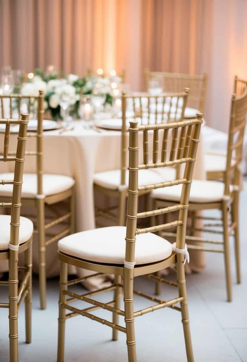Beige and champagne Chiavari chairs arranged for a wedding reception