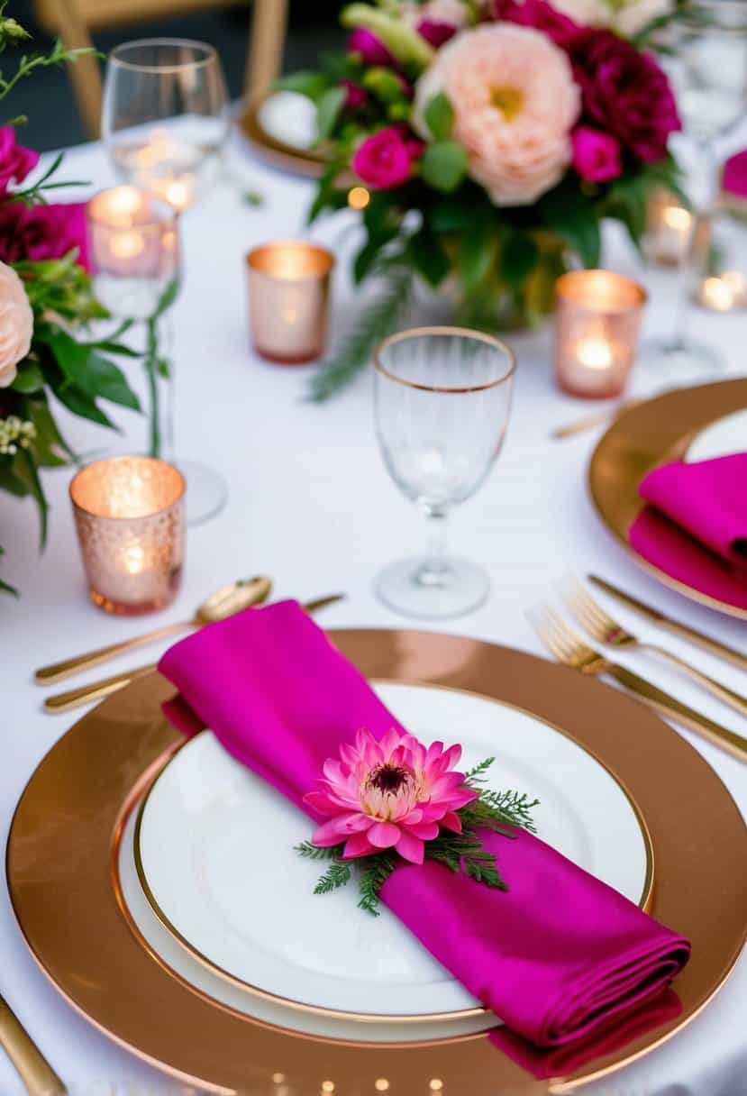 A table set with rose gold rim charger plates, adorned with fuchsia accents and floral arrangements
