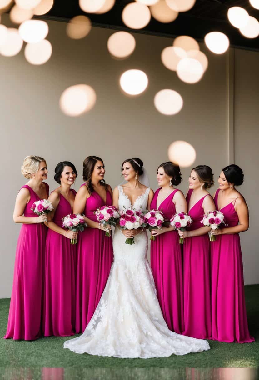 A group of fuchsia bridesmaid dresses arranged alongside rose gold wedding decor