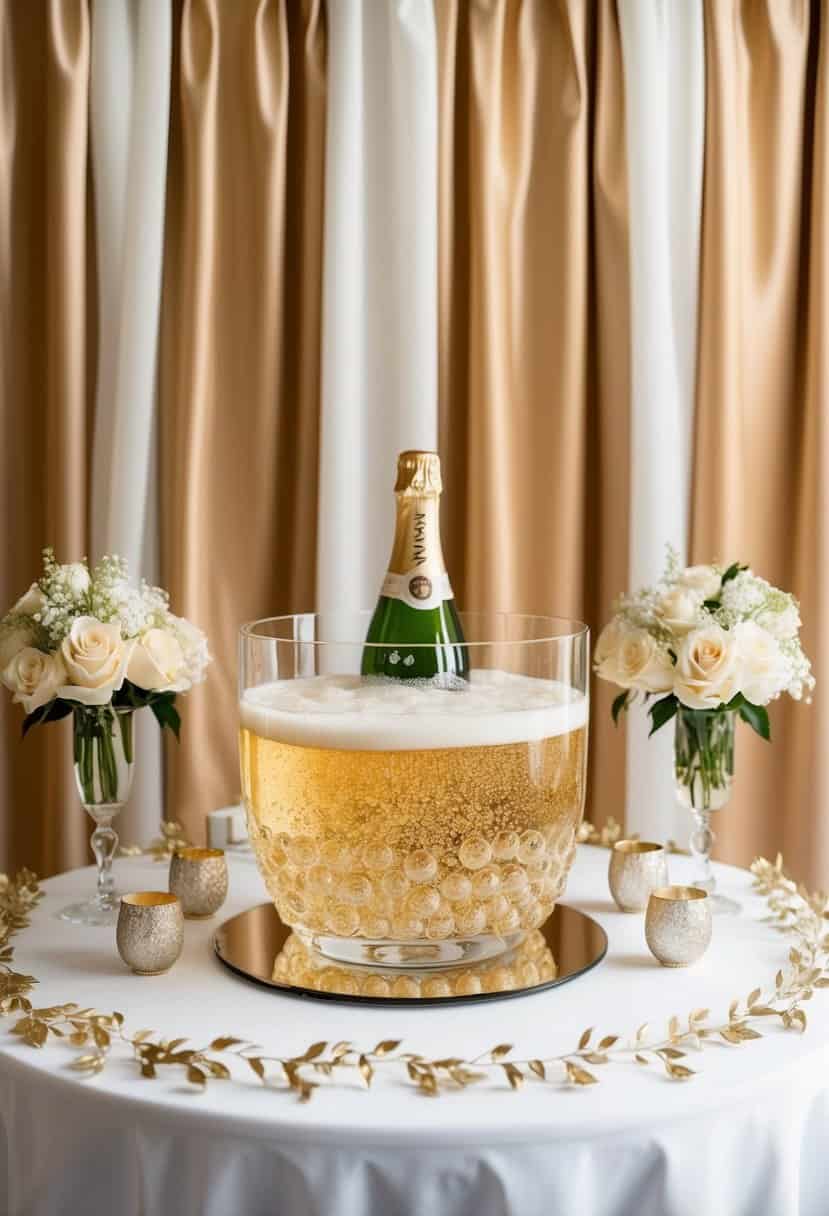 A luxurious champagne bubble bar surrounded by beige and champagne wedding decor