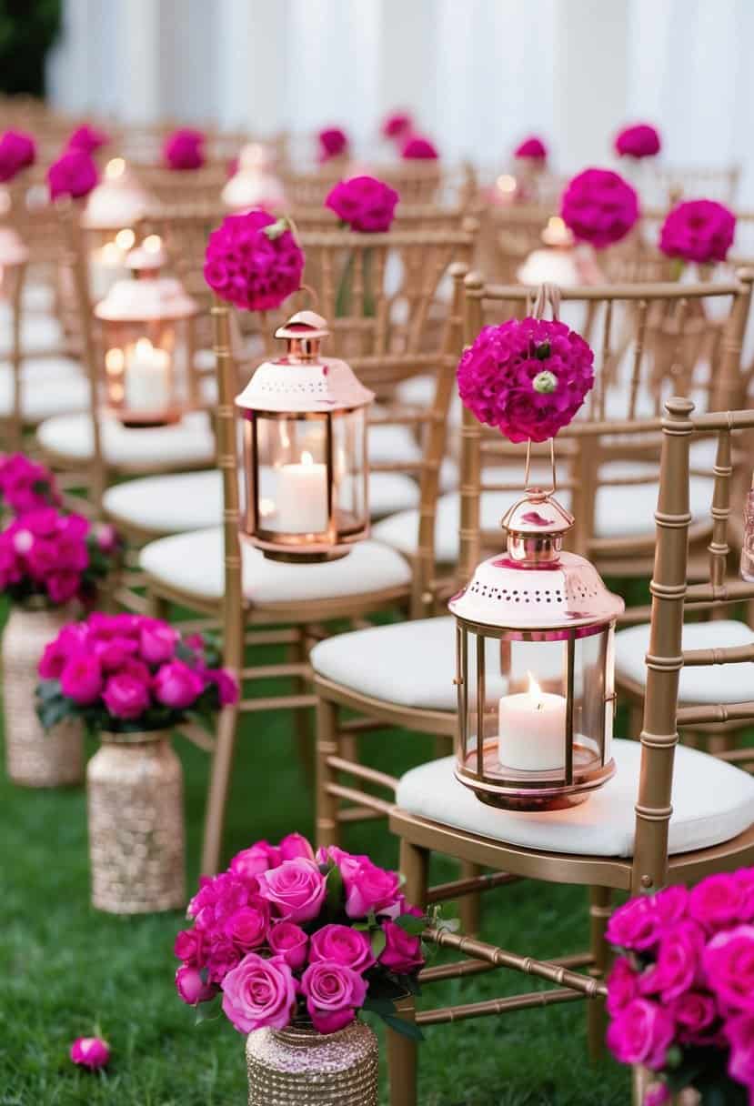 Rose gold lanterns hanging from aisle chairs, surrounded by fuchsia floral arrangements