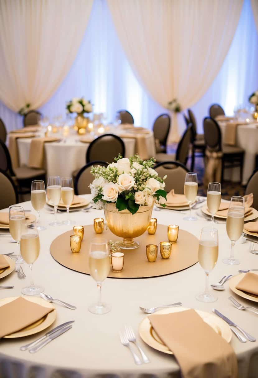 A table set with beige and gold centerpieces for a champagne-themed wedding