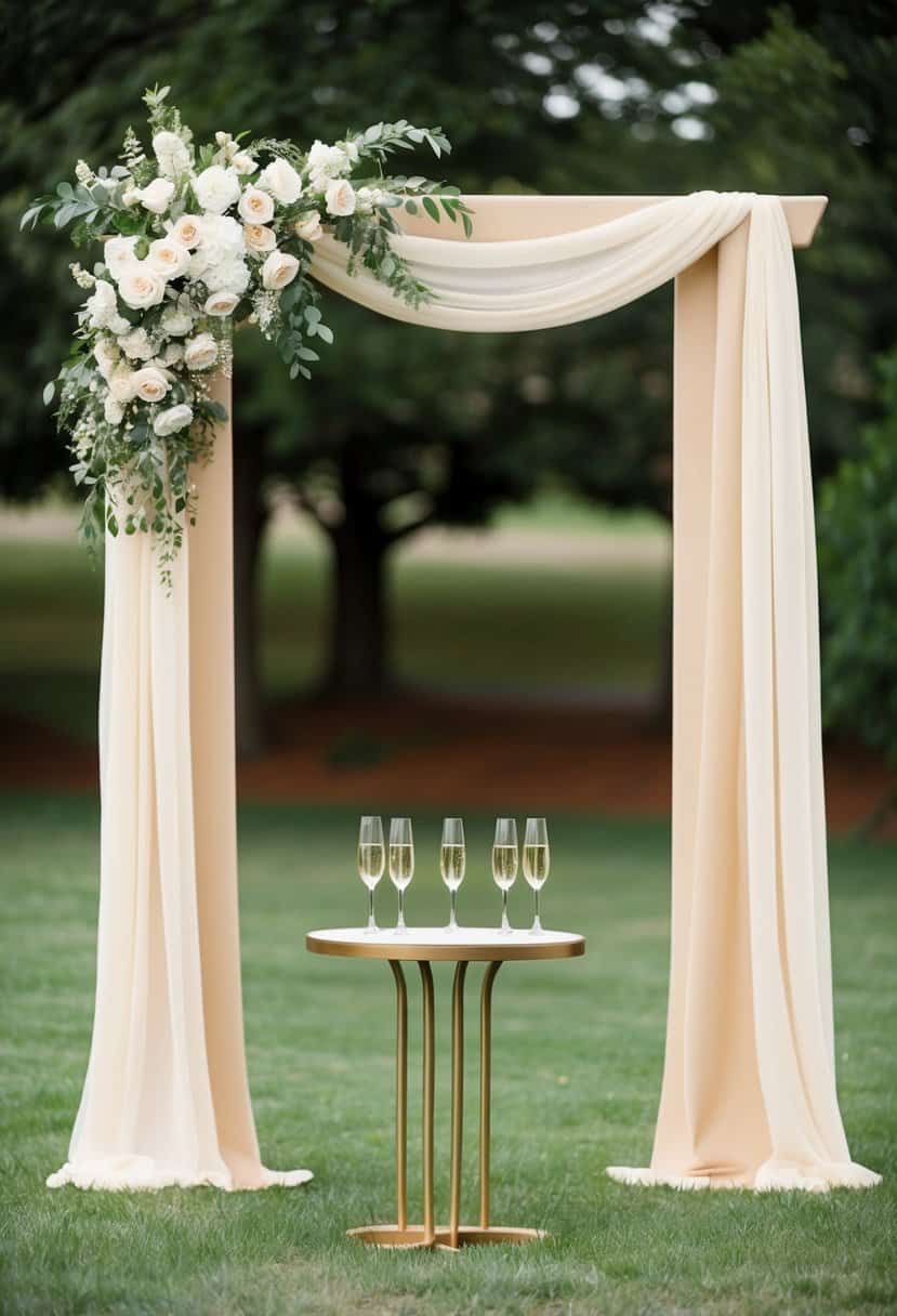 A beige and champagne wedding arch adorned with flowers and champagne flutes