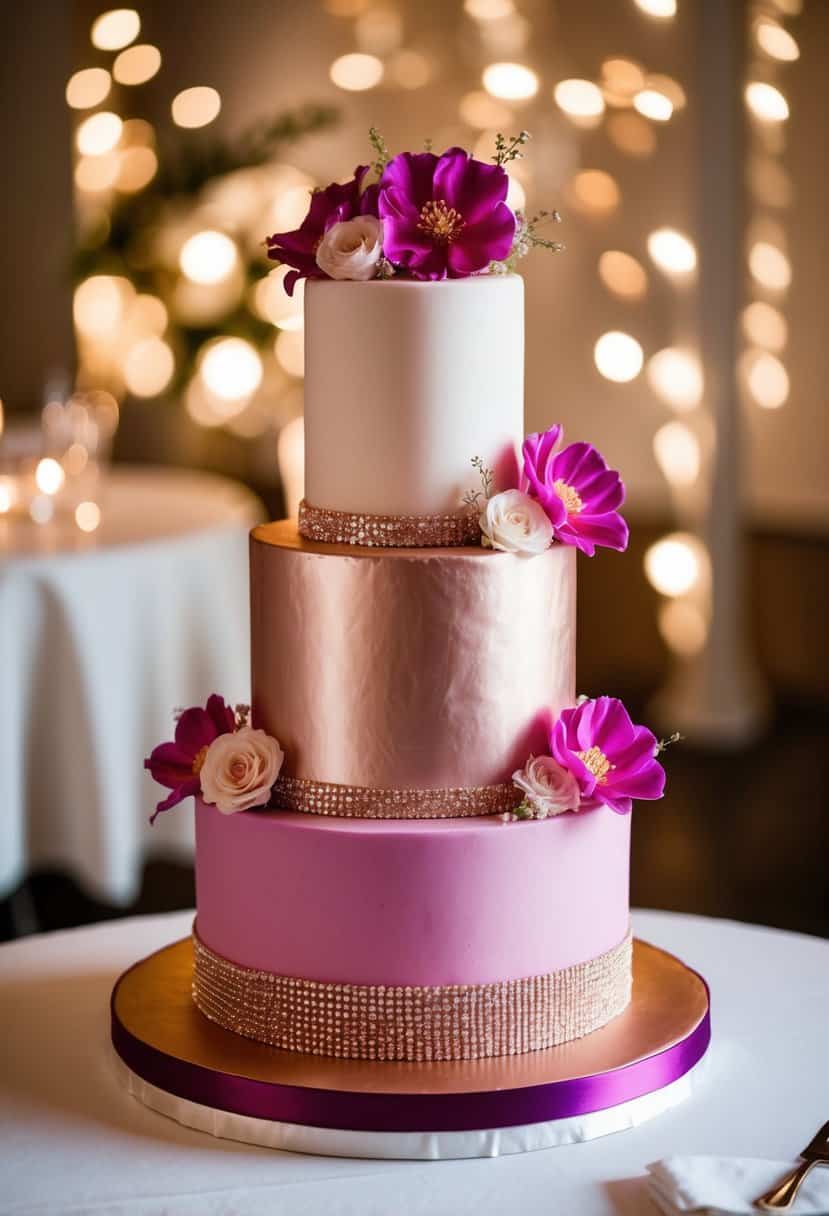 A three-tiered wedding cake with fuchsia and rose gold fondant layers, adorned with delicate edible flowers and shimmering gold accents