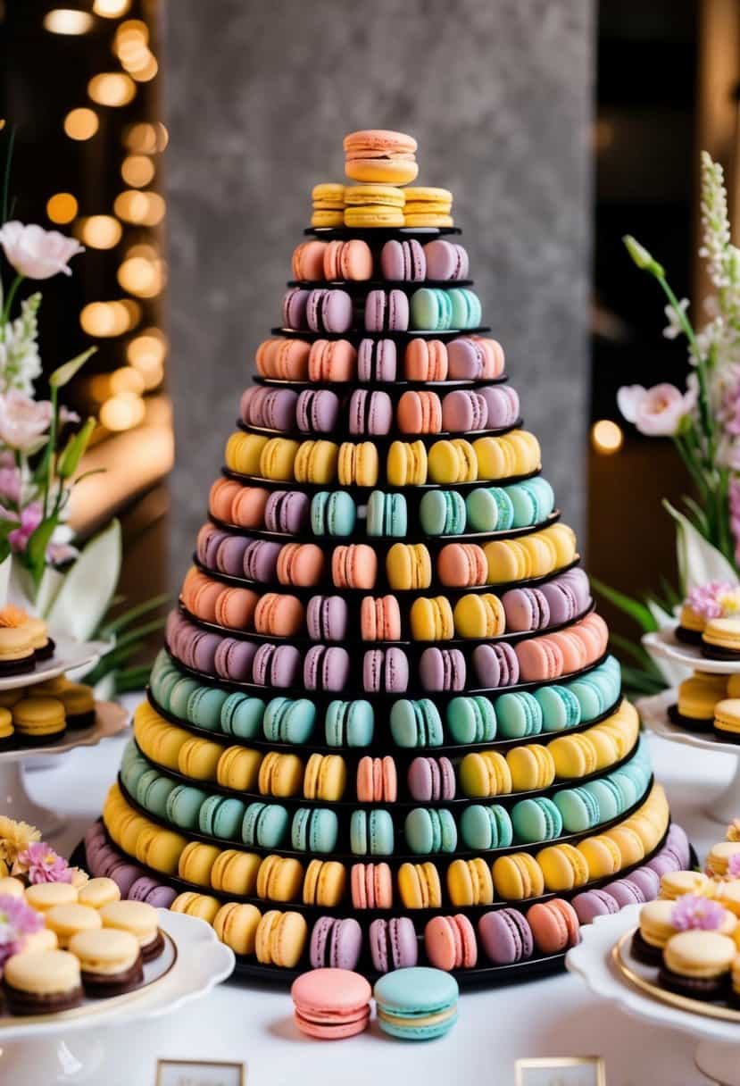 A towering display of colorful macarons arranged in a cascading formation, surrounded by delicate floral accents and elegant dessert serving trays