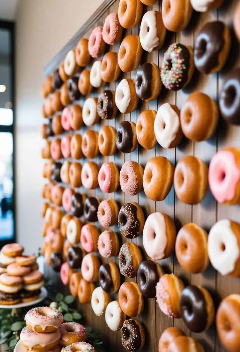A decorative wall adorned with assorted doughnuts for a wedding dessert station