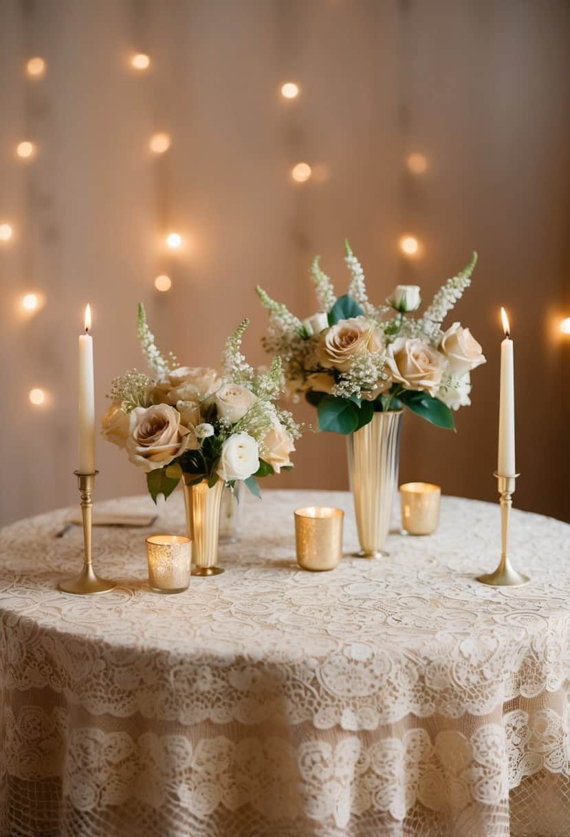 A beige lace tablecloth adorned with champagne-colored flowers and candles