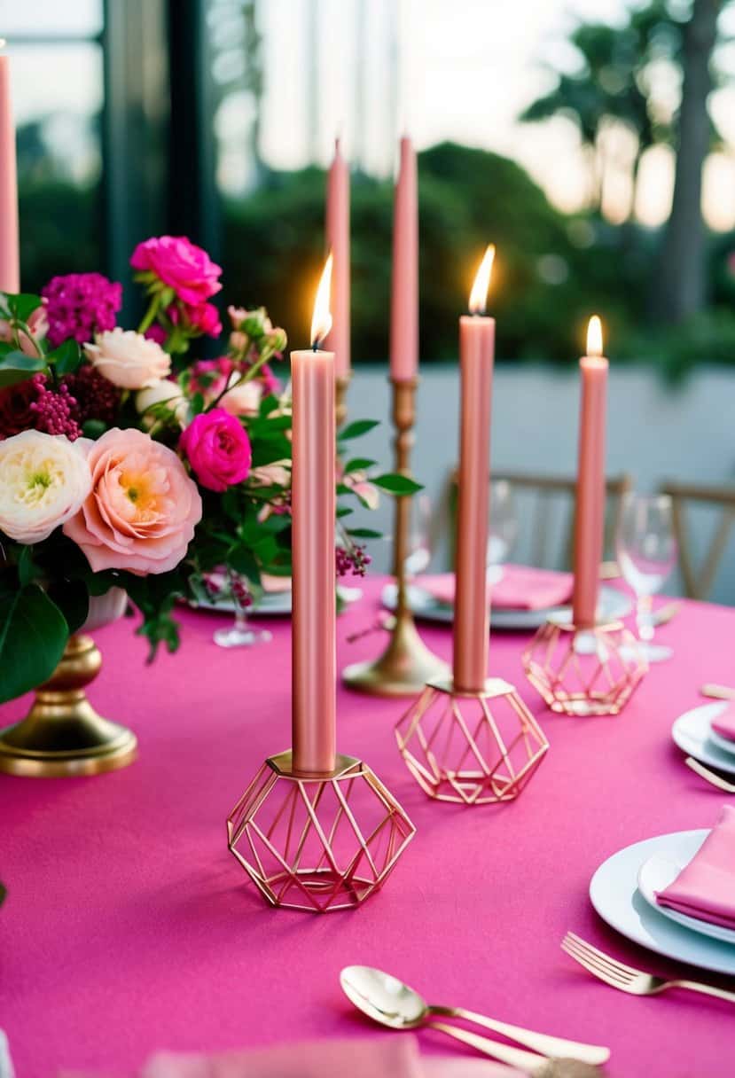 Rose gold geometric candle holders arranged on a fuchsia tablecloth with matching floral centerpieces
