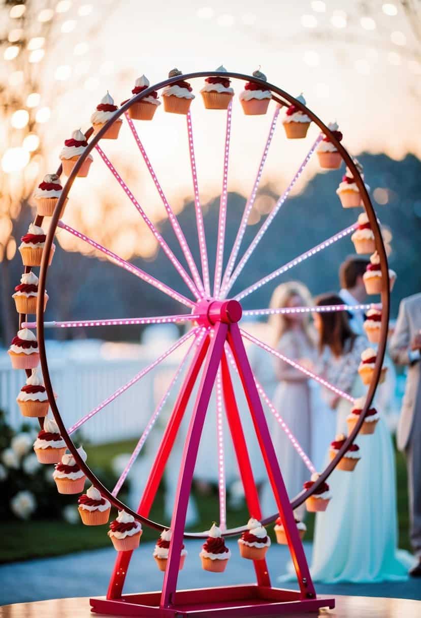 A whimsical Ferris wheel adorned with cupcakes, set against a romantic wedding backdrop