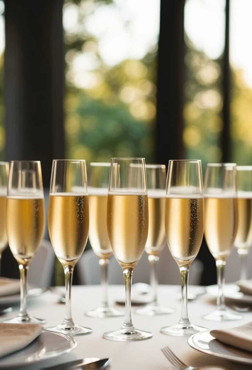 Beige and champagne colored champagne glassware arranged on a table for a wedding celebration