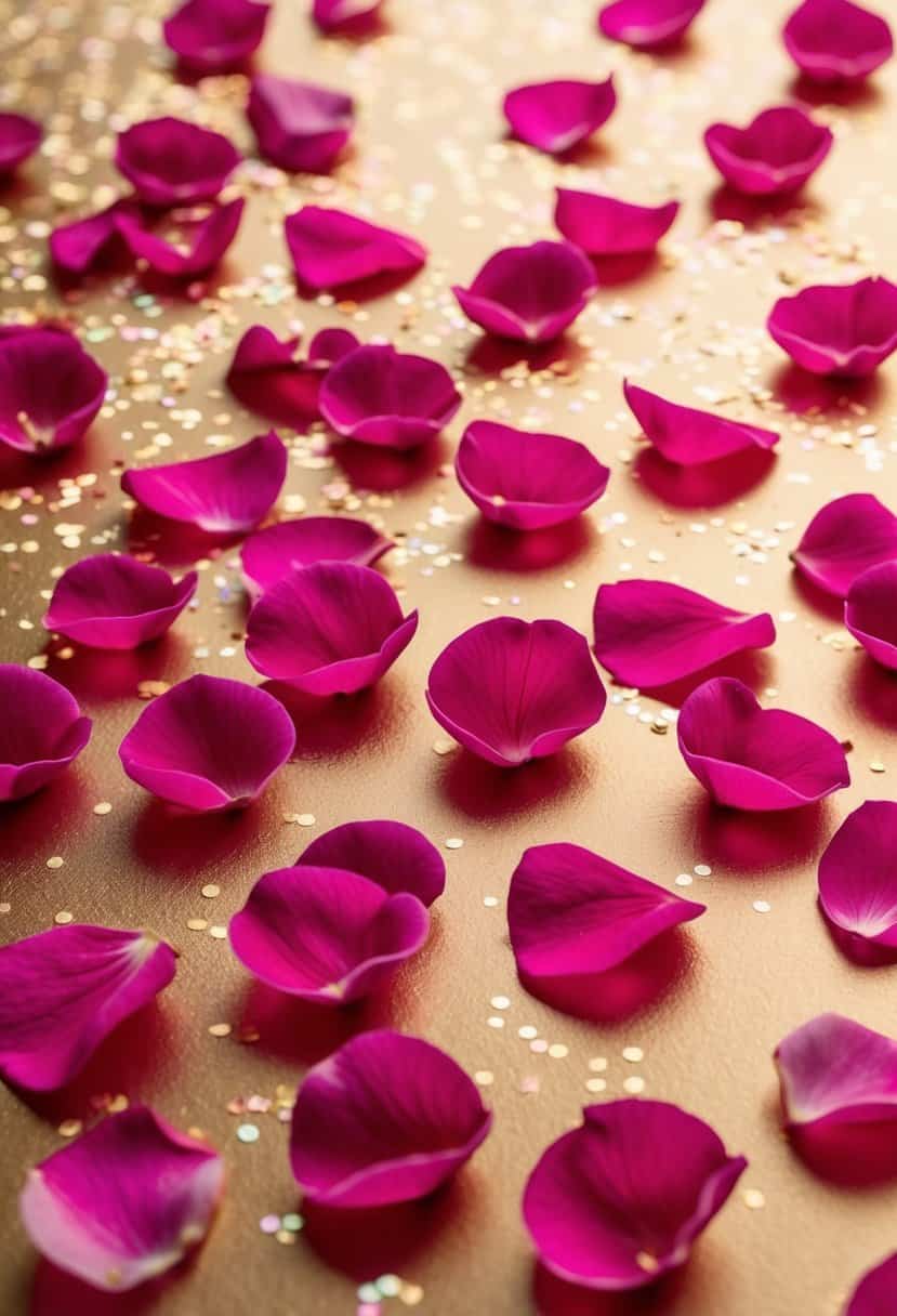 Fuchsia flower petals scattered on a rose gold background, creating a confetti-like effect