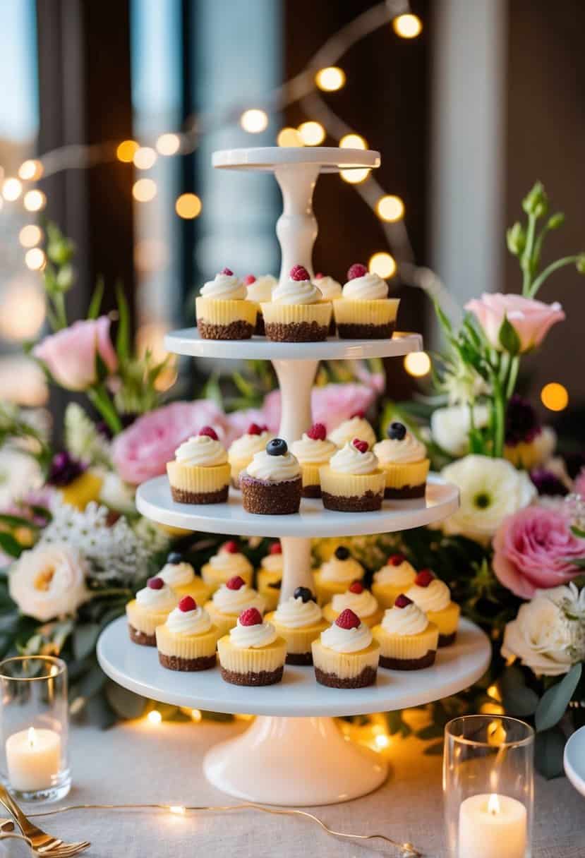 A dessert table with an assortment of mini cheesecake bites displayed on elegant tiered stands, surrounded by floral arrangements and twinkling fairy lights