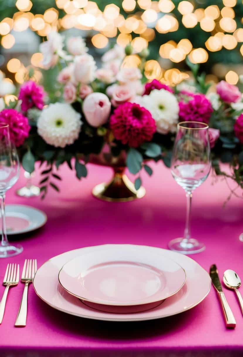 A table set with rose gold flatware, against a backdrop of fuchsia table linens and floral arrangements