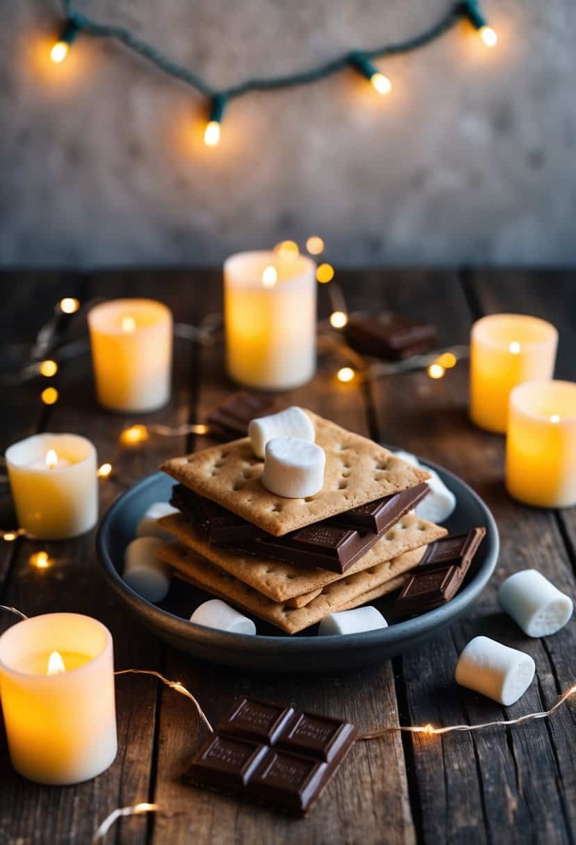 A rustic wooden table adorned with graham crackers, marshmallows, and chocolate, surrounded by glowing candles and twinkling fairy lights
