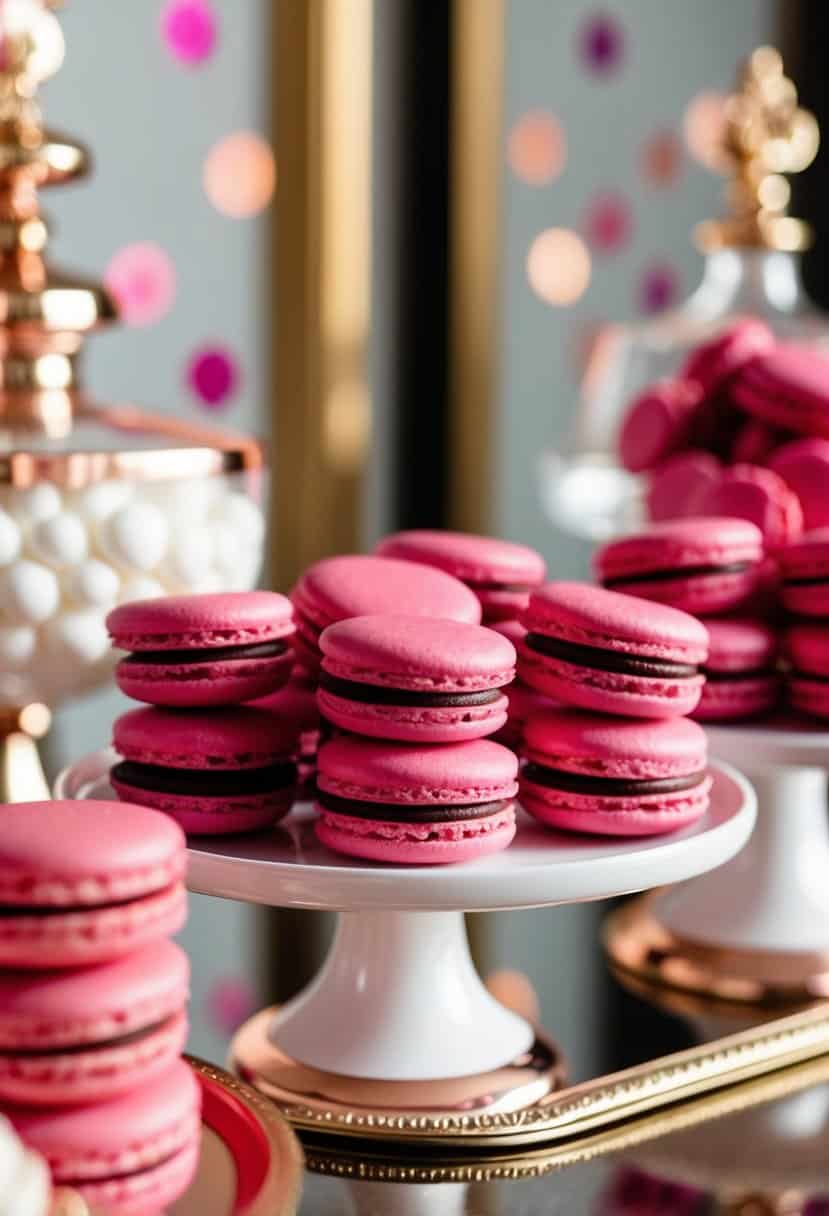 A dessert table with fuchsia macarons and rose gold accents