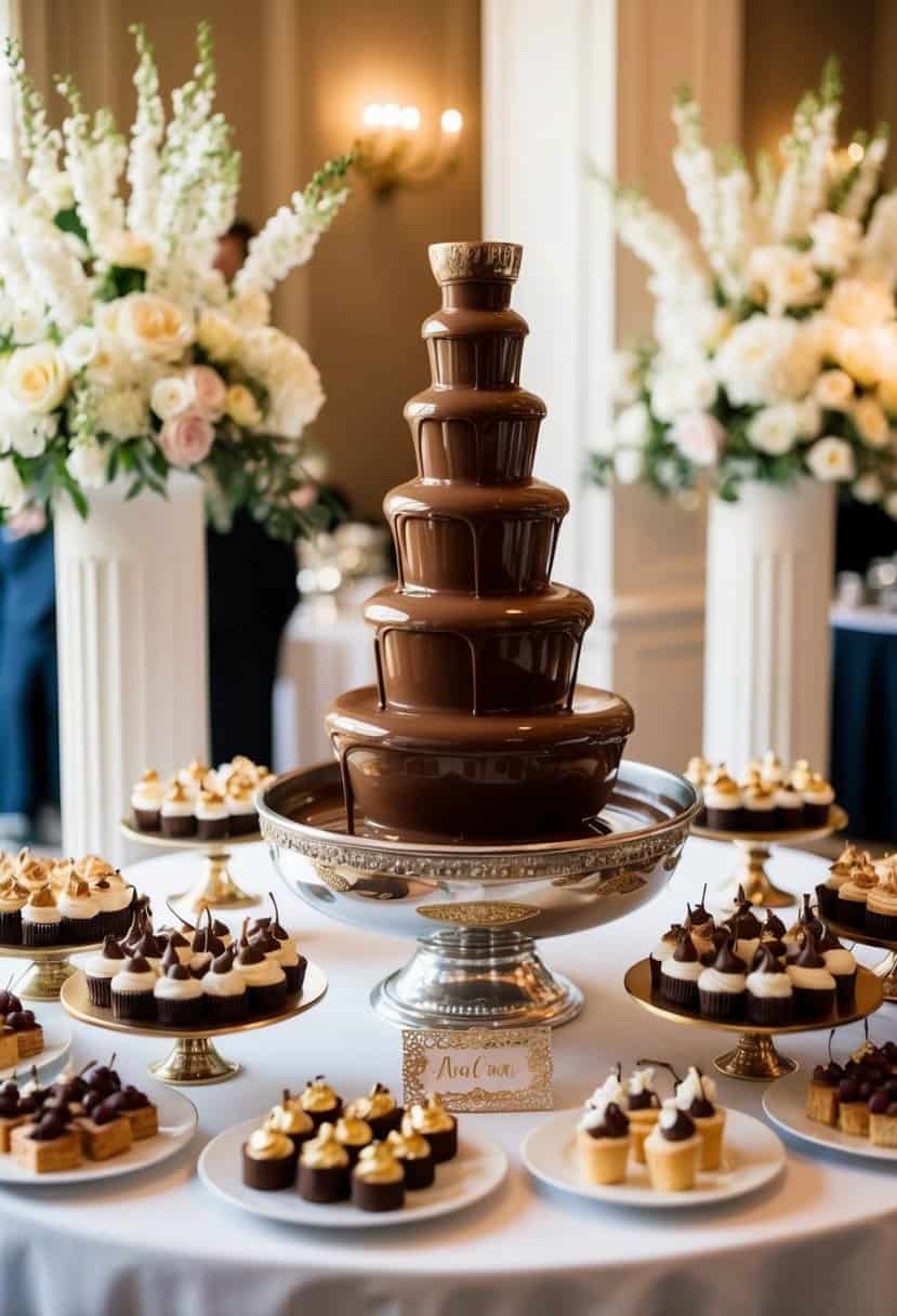 A lavish wedding dessert station features a cascading chocolate fountain surrounded by an array of delectable treats and elegant decor