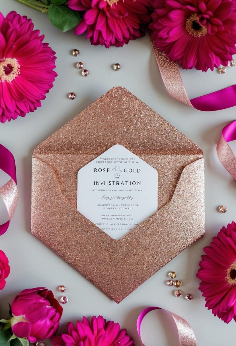 A sparkling rose gold invitation surrounded by fuchsia flowers and ribbons