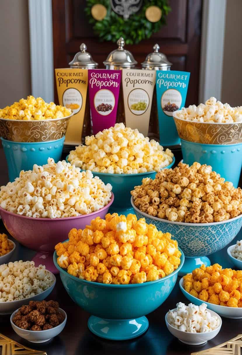 A colorful array of gourmet popcorn flavors displayed on a decorated table, surrounded by elegant serving containers and decorative signage