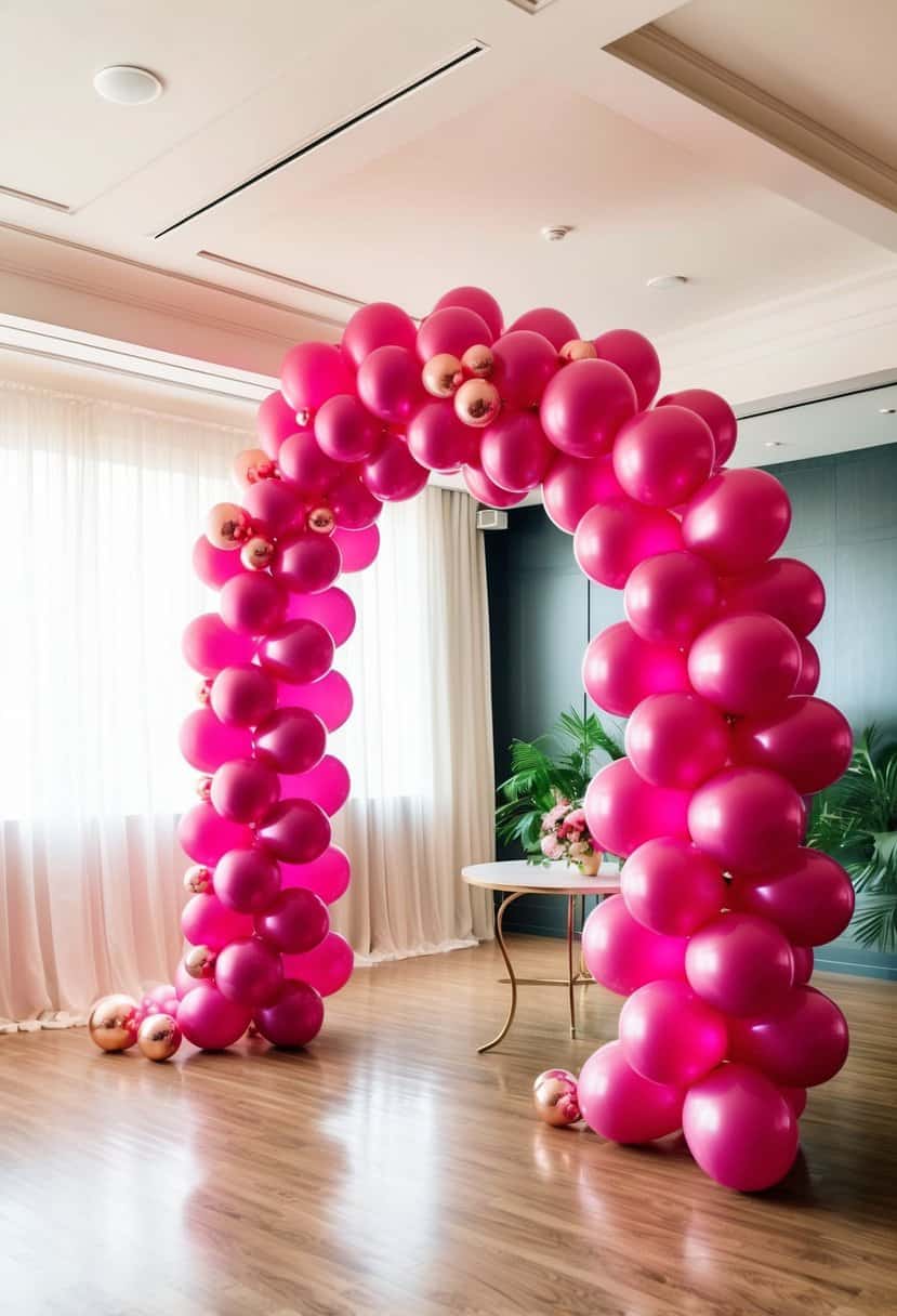 A vibrant balloon arch in fuchsia and rose gold, creating a stunning backdrop for a wedding celebration