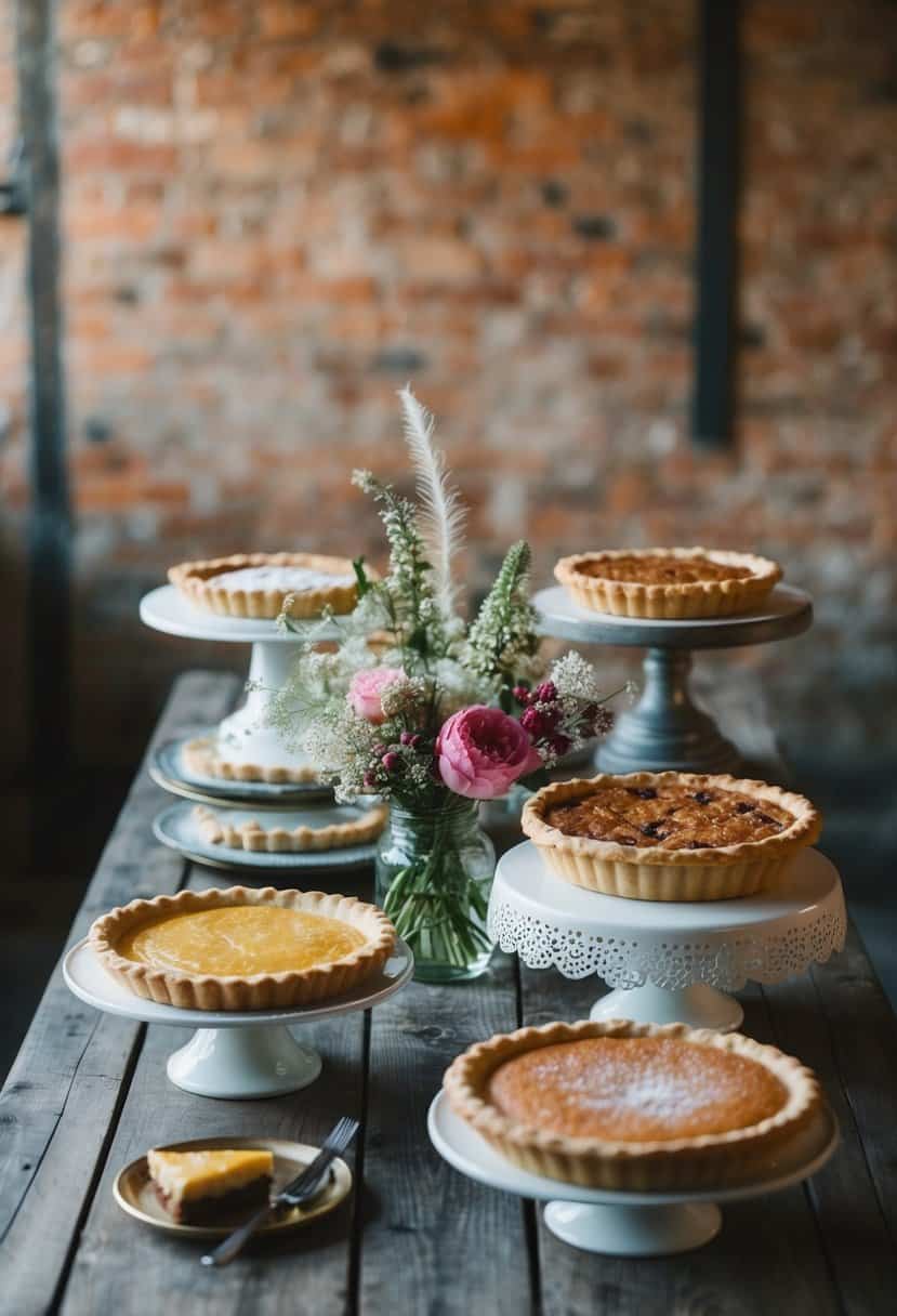 A rustic dessert table with an assortment of pies, decorative cake stands, and floral arrangements