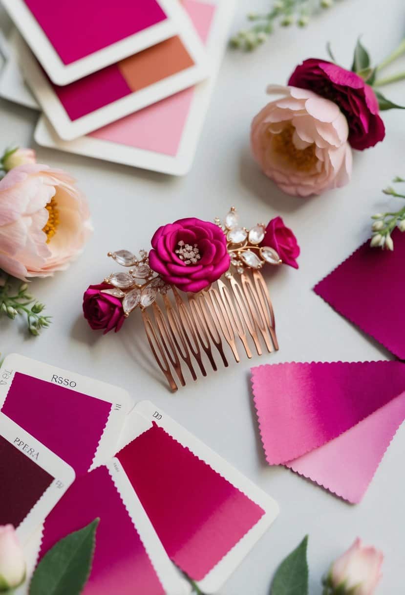 A rose gold and fuchsia bridal hair comb surrounded by wedding color swatches and floral accents