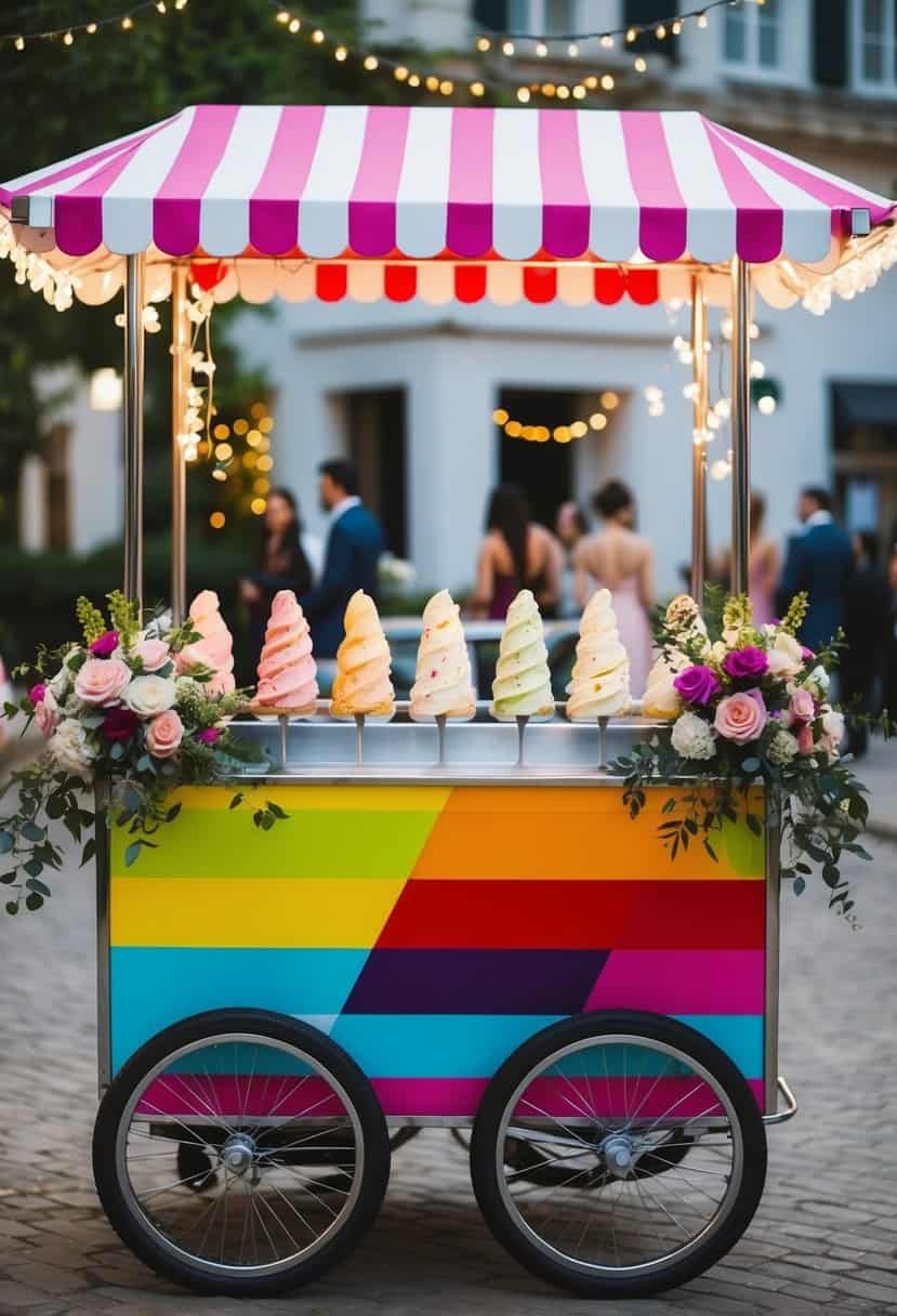 A colorful gelato cart stands adorned with flowers and twinkling lights, offering a variety of delicious flavors for wedding guests to enjoy