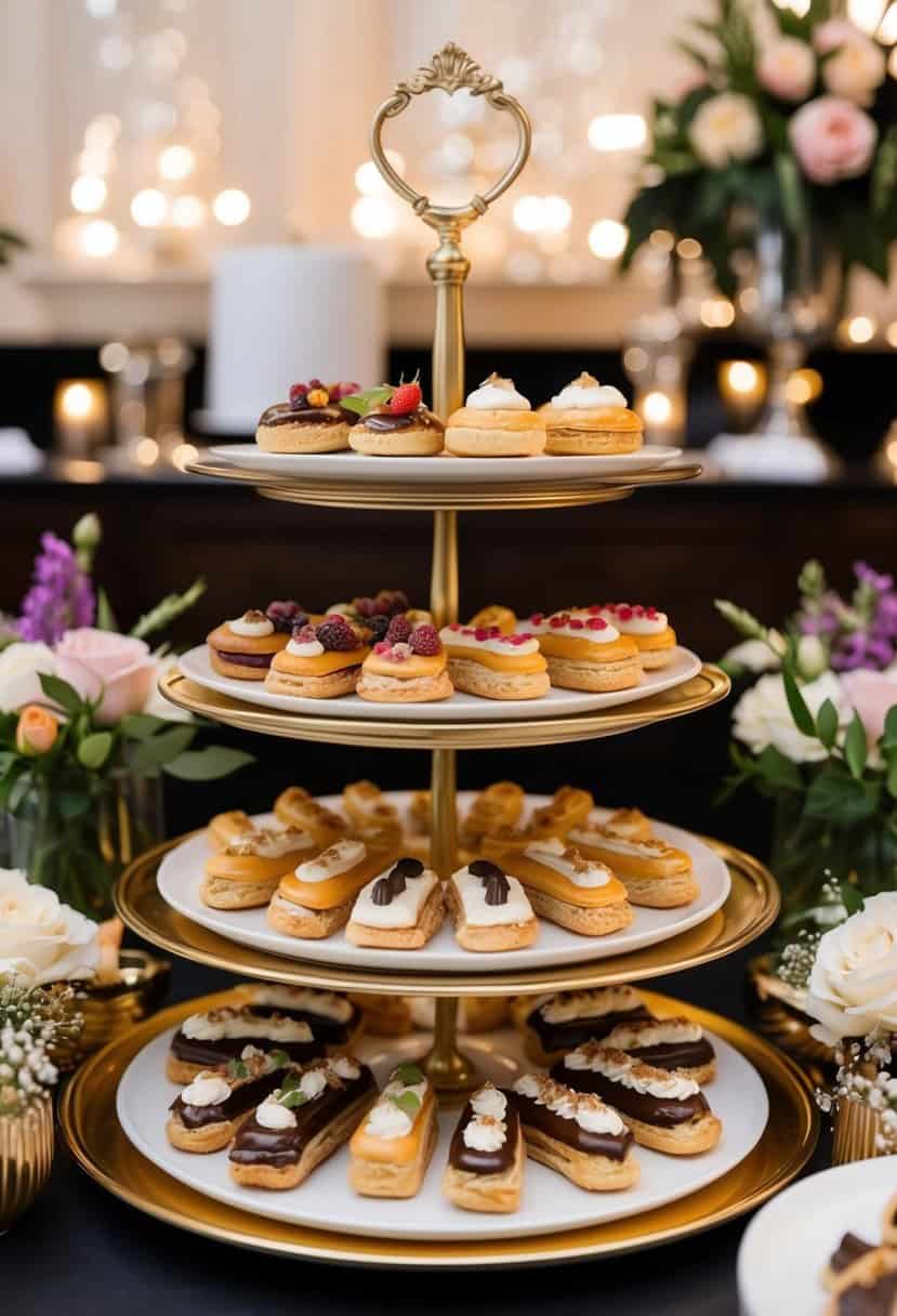A lavish dessert station with assorted éclairs in a variety of flavors and toppings, elegantly displayed on tiered trays and surrounded by floral arrangements
