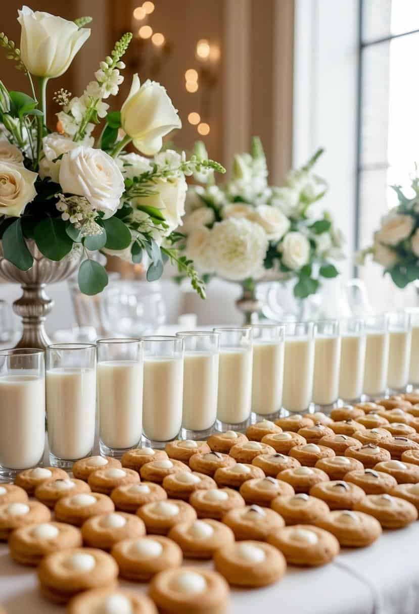 A table adorned with rows of milk and cookie shots, surrounded by elegant wedding decor