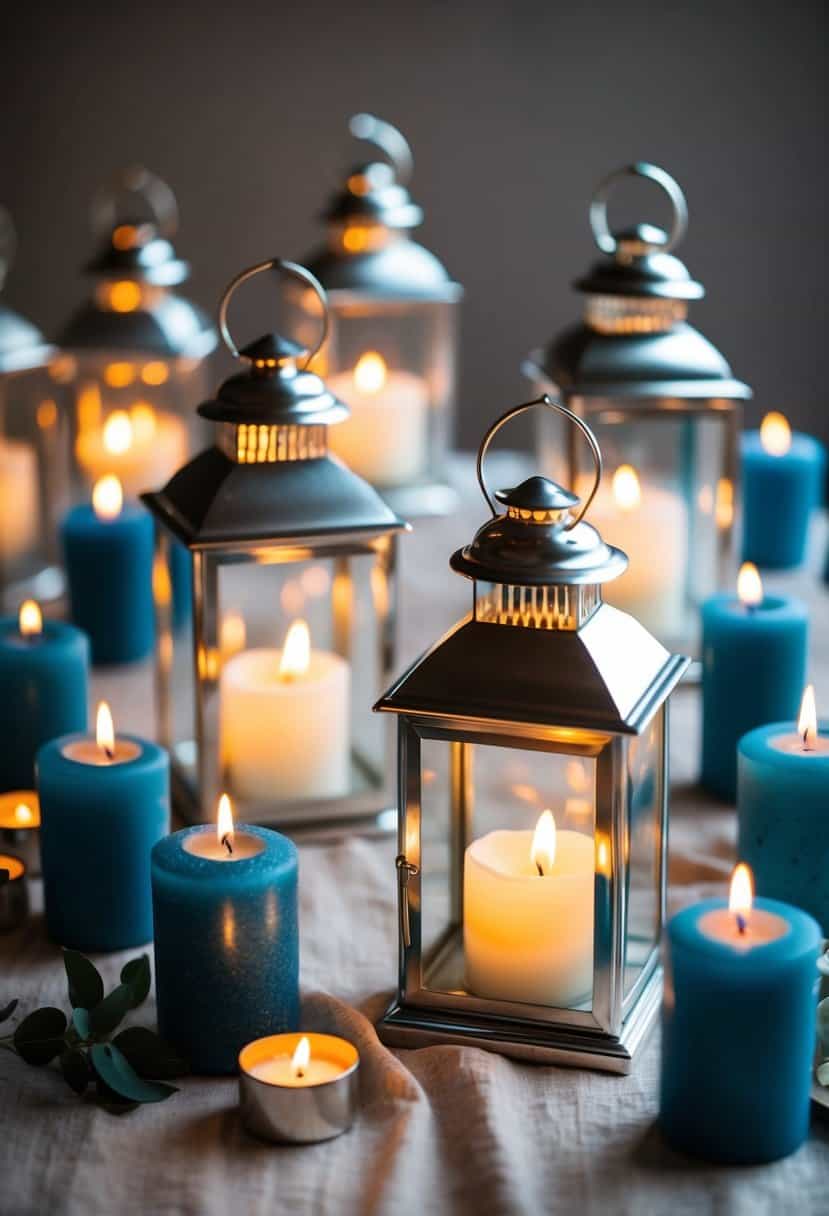 Silver lanterns casting a soft glow, surrounded by dusty blue candles, creating an elegant and romantic ambiance