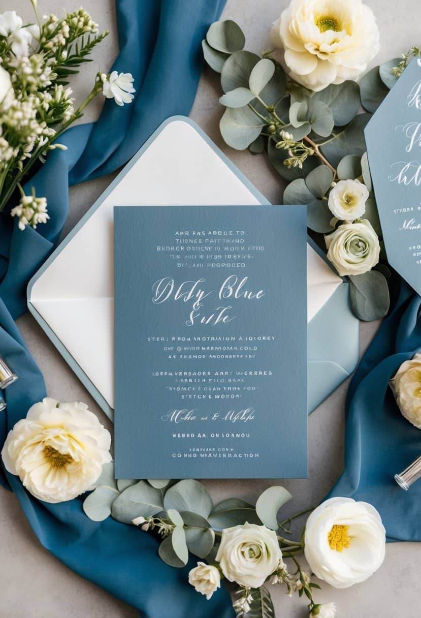 A dusty blue and silver invitation suite surrounded by coordinating wedding decor and flowers