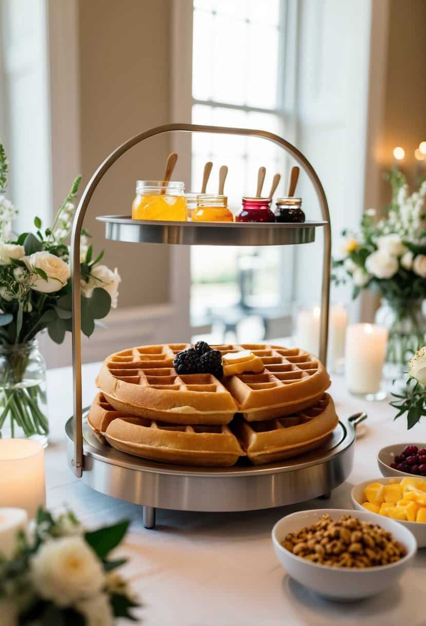 A waffle bar with an array of toppings and syrups, surrounded by elegant wedding decor and soft lighting
