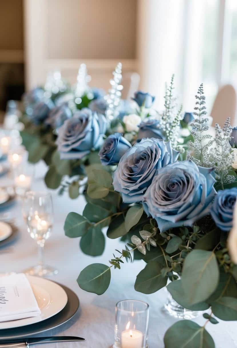 A table adorned with dusty blue roses and silver eucalyptus, creating an elegant and romantic wedding centerpiece