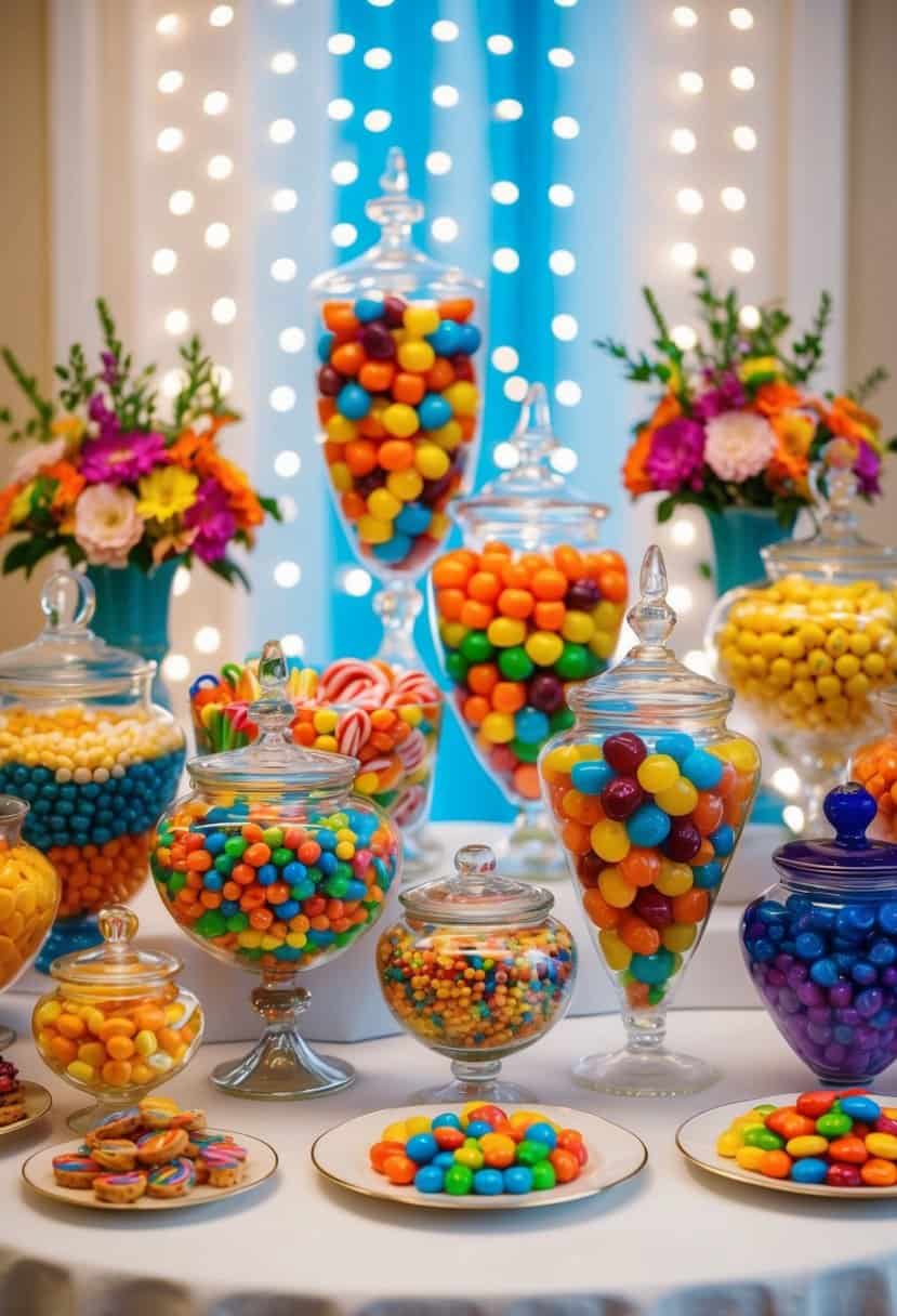 A colorful array of candies and sweets arranged on elegant glass jars and platters, surrounded by decorative flowers and twinkling fairy lights
