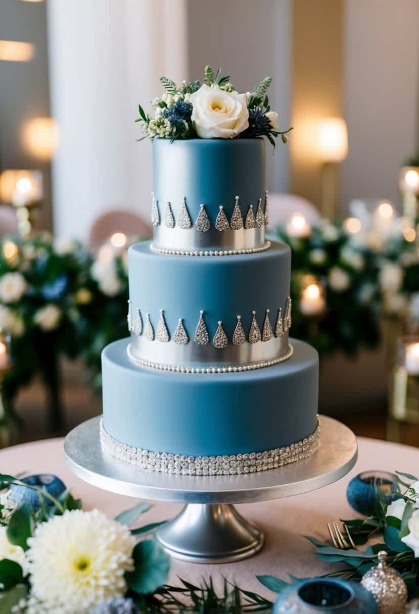 A dusty blue and silver wedding cake adorned with metallic accents sits on a table, surrounded by coordinating decor and flowers
