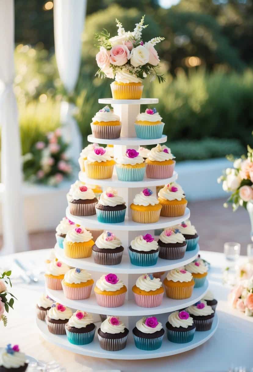 A tiered tower of colorful cupcakes arranged in a wedding setting, with elegant decorations and floral accents
