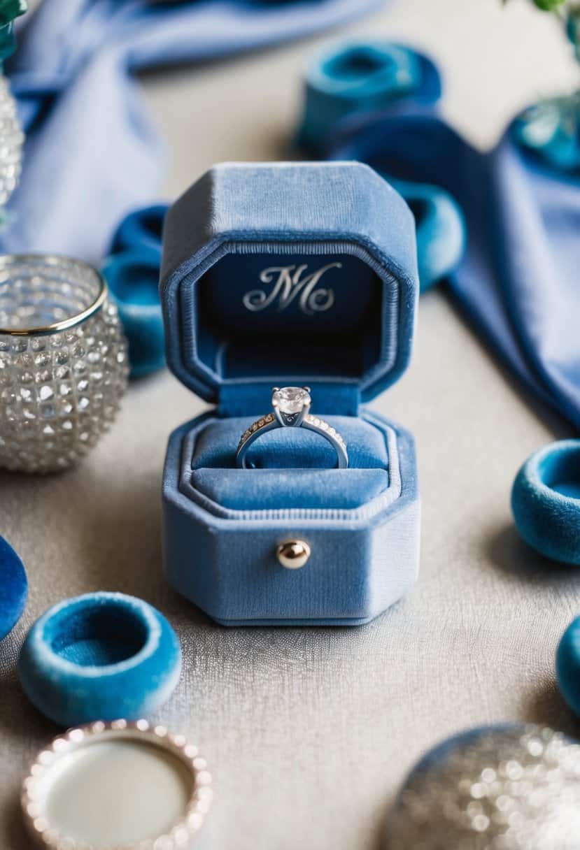 A dusty blue velvet ring box with a silver monogram sits on a table, surrounded by dusty blue and silver wedding decor